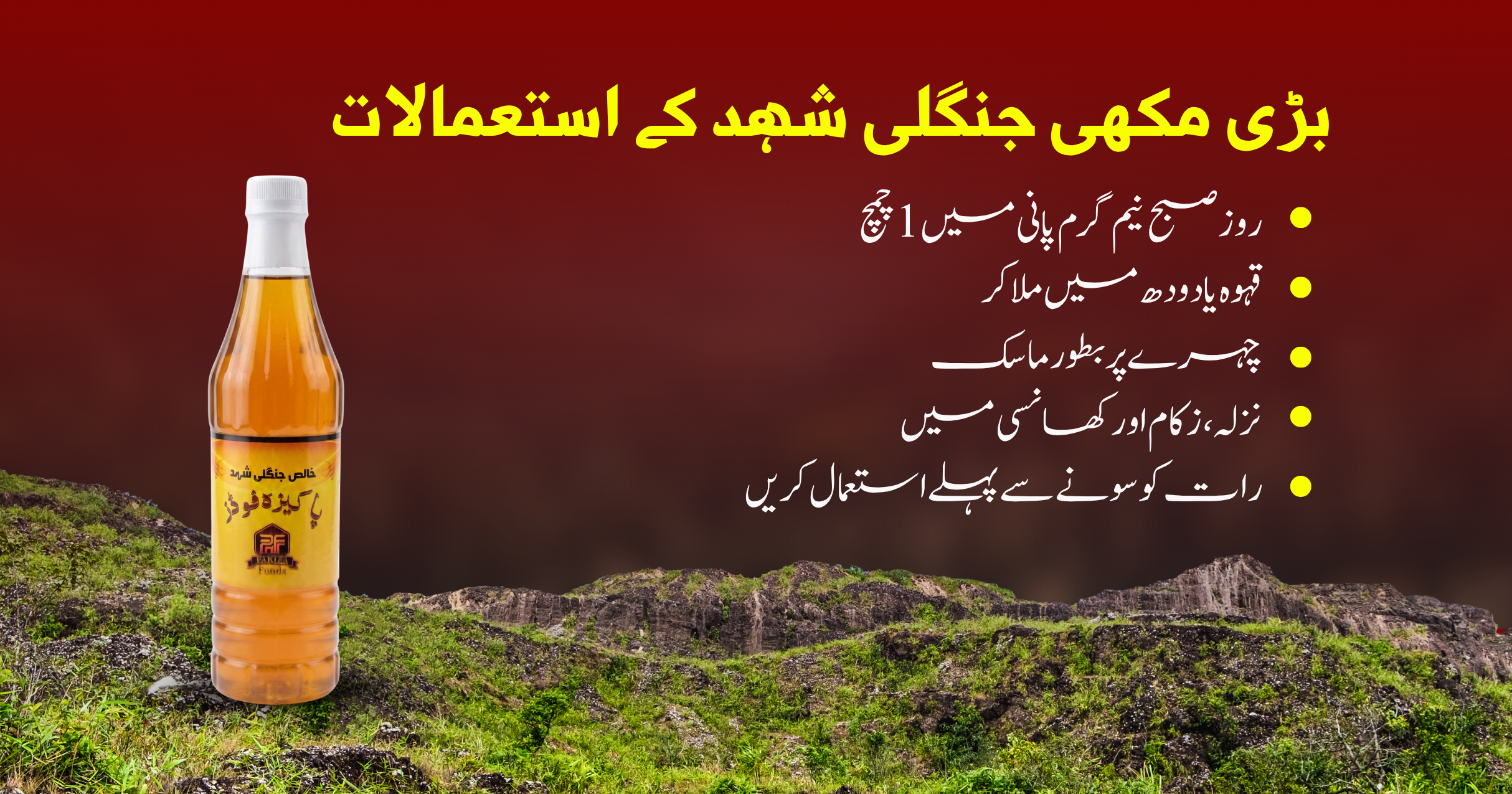 A bottle of honey with a white cap and a gold label stands on a mossy surface against a dark red background with yellow and white Urdu text describing its benefits of honey.