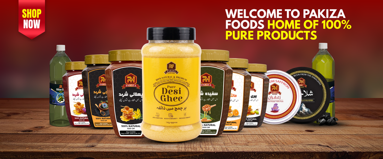oranic foods on table desi ghee, honey, olive oil, salajeet, cooking oil